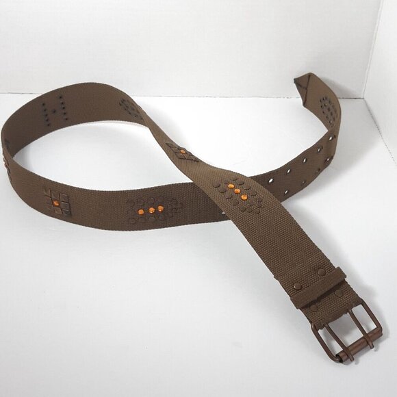 Womens Belt Canvas Tan Brown Studs Rhinestones Metal Buckle Boho Festival - Picture 3 of 3